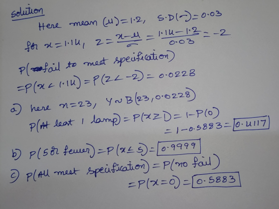 solution o-03 Here mean (4)=1.2, S.D(~) = 0.03 slu-1.2--2 for a=1.14, 2 =2. plofail to meet specification) P(XC (1U) = P(22-2