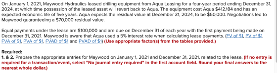 On January 1, 2021, Maywood Hydraulics leased drilling equipment from Aqua Leasing for a four-year period ending December 31,