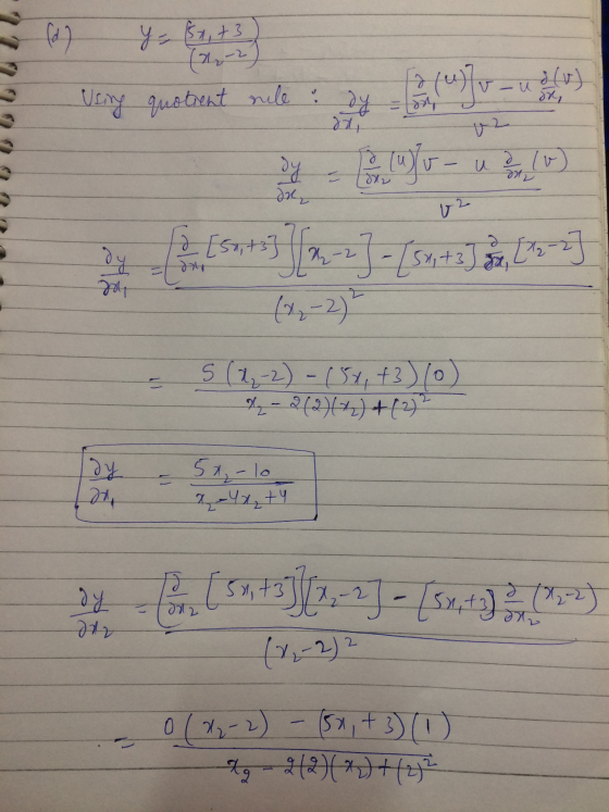 (d) Y = (5x,+3 (22-2) О. (u)]v - UA Using quotrent rule : dy ore Cuv- n he xe are re v2 he 3 [55793(2,-2) - [54 +358, 6572 (x