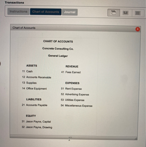 Transactions Instructions Chart of Accounts Journal Chart of Accounts CHART OF ACCOUNTS Concrete Consulting Co. General Ledge
