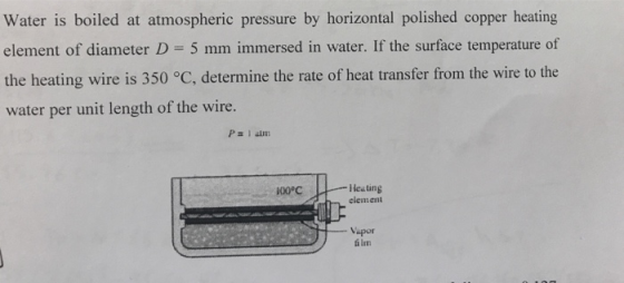 Water is boiled at atmospheric pressure by horizontal polished copper heating 5 mm immersed in water. If the surface temperat