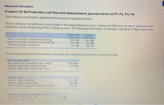Required information Problem 03-1A Production cost flow and measurement, journal entries LO P1, P2, P3, P4 [The following inf