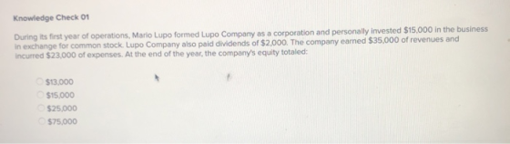 Knowledge Check 01 During its first year of operations, Mario Lupo formed Lupo Company as a corporation and personally invest