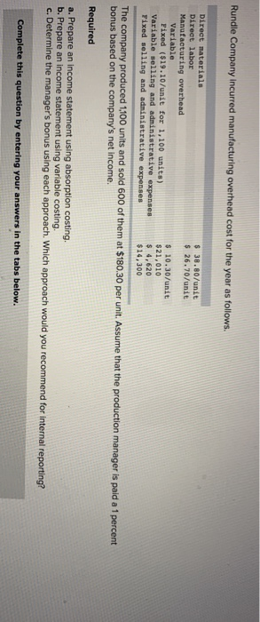Rundle Company incurred manufacturing overhead cost for the year as follows. $ 38.80/unit $ 26.70/unit Direct materials Direc