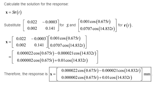 Calculate the solution for the response: 0.022 -0.0003 0.002 0.141 0.00 l cos(0.6751) |forrώ 0.0707 cos(14.8321) Substitute f