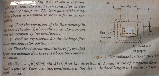 EA Fig. 2.32 shows a slot con- Iron tining z, conductors and each conductor carries a current of i amperes. The retic circuit is assumed to have infinite perme- ability. iron part of the mag- h2 (a) Find the variation of the flux density in the part of the slot (i) above the conductor portion and (ii) occupied by the conductor. Slot leakage ! flux (b) Find an expression for the leakage flux above the conductor portion. Current out (c) Find the electromagnetic force fe, created of paper by the slot leakage flux present above the conduc- tor portion Fig. 2.32. Slot leakage flux, Example 2.17. (d) For i = 2 (1000) sin 314t, find the direction and magnitude of magnetic force found in part (c). There are two conductors in the slot, embedded length is 1 metre and slot width is 5 cm.