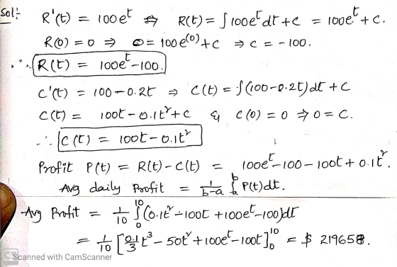 1 Sol? R(t) = 100et R(t) = 5100edt +C = 100e e. RO) = 0 + 0 = 100000)+c = c =-100. R(t) = 100e -100. C(B) = 100 -0.27 = C(