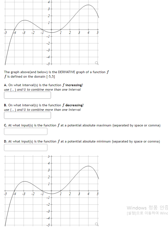 4 3 2+ 1 -5 14 -3 -2 -1 2 3 -1 -2 -3 -4 -5+ The graph above and below) is the DERIVATIVE graph of a function f f is defined o