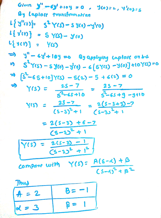 Given yo - +o0y = 0, yomd=a, ykm5 By Laplace transformation {y(t)}= s²res) - syco) yro) 14 s)} = S YS)- 9 to) l{408)} = Ye