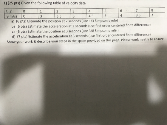 1) (25 pts) Given the following table of velocity data t (s) v(m/s) a) (6 pts) Estimate the position at 2 seconds (use 1/3 Si