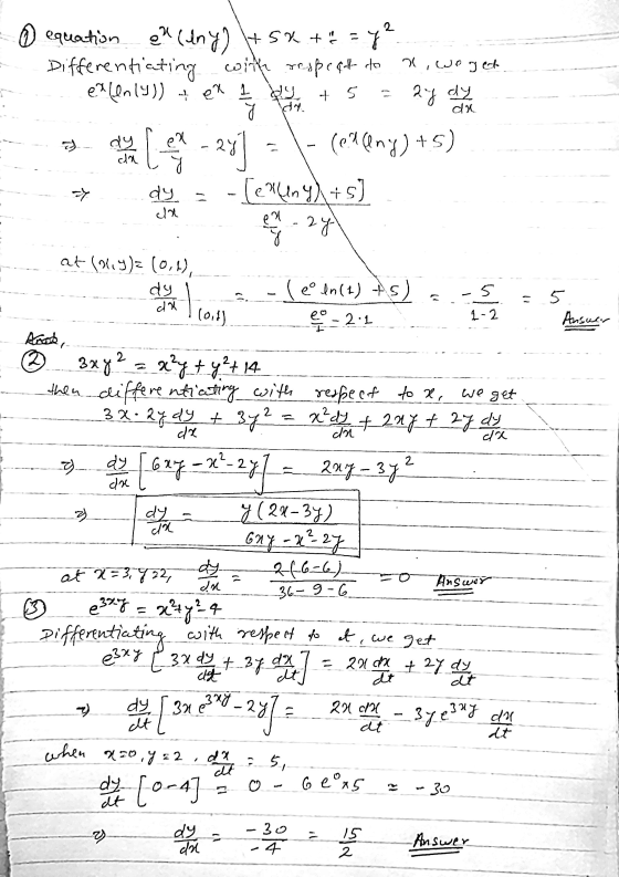2 بکر o equation elny) +5%+ = Differentiating with respect to exfen(y)) t en n, weget ly dy t 5 ay ay da dy cla Lex -Y dy ch