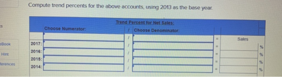Compute trend percents for the above accounts, using 2013 as the base year. Trend Percent for Net Sales: Choose Denominator: