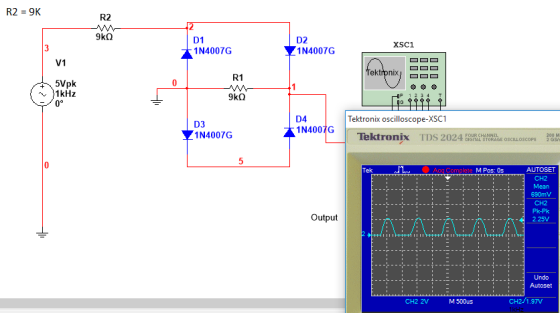R2 = 9K R2 9ko D1 1N4007G D2 1N4007G XSCI V1 R1 Tektronix OG 5Vpk 1kHz 9k D3 D4 1N4007G Tektronix oscilloscope-XSC1 Tektronix