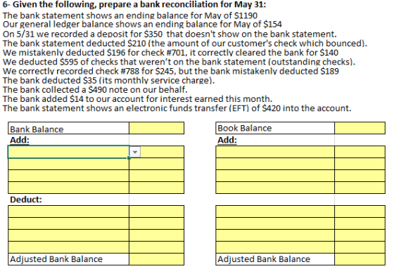6- Given the following, prepare a bank reconciliation for May 31: The bank statement shows an ending balance for May of $1190