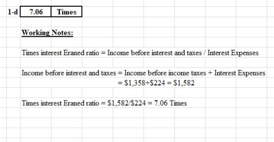 1-1 7.06 Times Working Notes: Times interest Eraned ratio = Income before interest and taxes / Interest Expenses Income befor