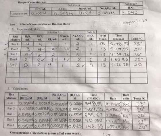 1. Reagent Concentrations HCI, mL Concentration: 0.100M Solution A Solution B KI, mL | Starch, mL Na S,O, mL H,02 0.0SOM 0.27