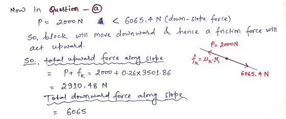 Now in Question - a P = 2000 N a < 6065.4 N (down-slope force) So, block will move downward & hence a friction force will aut