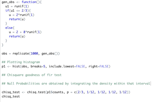 gen_obs <- function(){ u1 runif(1) if(u1 <= 2/3){ 2*runif(1) return(u) u = } else{ u = 2 + 8*runif(1) return(u) } نها obs rep