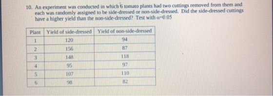 10. An experiment was conducted in which 6 tomato plants had two cuttings removed from them and each was randomly assigned to be side-dressed or non-side-dressed. Did the side-dressed cuttings have a higher yield than the non-side-dressed? Test with a 005 Plant Yield of side-dressed Yield of non-side-dressed 120 156 148 95 107 98 94 87 118 97 110 82
