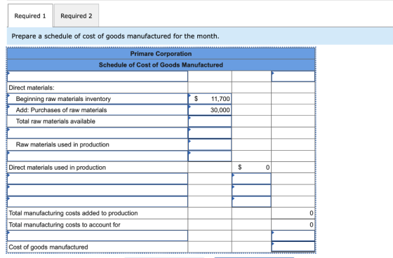 Required 1 Required 2 Prepare a schedule of cost of goods manufactured for the month. Primare Corporation Schedule of Cost of
