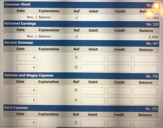 Ref Debit Credit Common Stock Date Explanation Nov. 1 Balance Retained Earnings Date Explanation Nov. 1 Balance Service Reven