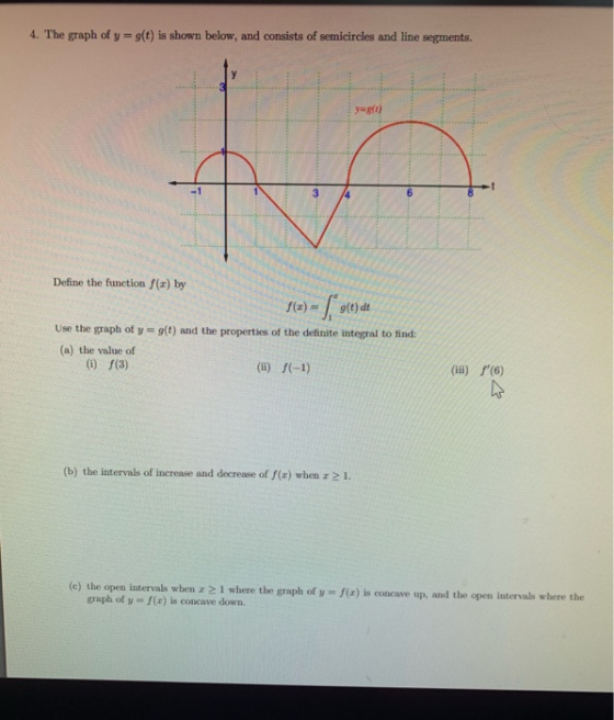 4. The graph of y=g(t) is shown below, and consists of semicircles and line segments. y=g() -1 3 6 596 s(t) dt Define the fun