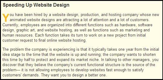 Speeding Up Website Design ou have been hired by a website design, production, and hosting company whose new animated website designs are attracting a lot of attention and a lot of customers Currently, employees are organized into different functions such as hardware, software design, graphic art, and website hosting, as well as functions such as marketing and human resources. Each function takes its turn to work on a new project from initial customer request to final online website hosting. The problem the company is experiencing is that it typically takes one year from the initial idea stage to the time that the website is up and running; the company wants to shorten this time by half to protect and expand its market niche. In talking to other managers, you discover that they believe the companys current functional structure is the source of the problem it is not allowing employees to develop websites fast enough to satisfy customers demands. They want you to design a better one