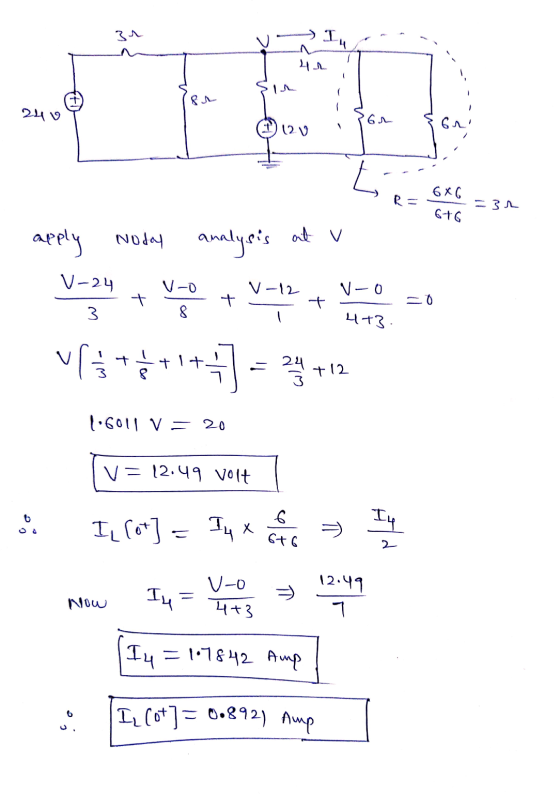 120 6+G apply Noday analu. analysis at v V-24 V + -0 V -12 V- o =0 4+3 vrt+1+47 = 24 +12 106011 V = 20 V= 12.49 volt 67 Now