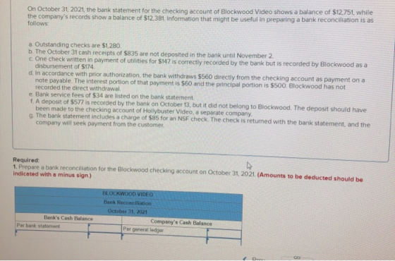On October 31, 2021, the bank statement for the checking account of Blockwood Video shows a balance of $12.751, while the com
