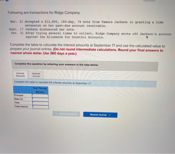 Following are transactions for Ridge Company. Mar. 21 Accepted a $12,800, 180-day, 78 note from Tamara Jackson in granting a