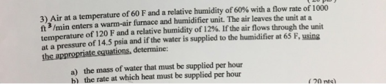 PH) 3) Air at a temperature of 60 F and a relative humidity of 60% with a flow rate of 1000 # 3/min enters a warm-air furnace