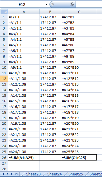 E12 А B 1 =1/1.1 17412.87 =A1*B1 2 =A1/1.1 17412.87 =A2*B2 3 =A2/1.1 17412.87 =A3%B3 4 =A3/1.1 17412.87 EA4%B4 5 =A4/1.1 1741