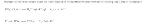 Hydrogen fluoride (HF) behaves as a weak acid in aqueous solution. Two equilibria influence which fluorine-containing species