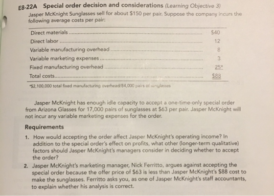E8-22A Special order decision and considerations (Learning Objective 3) Jasper McKnight Sunglasses sell for about $150 per pa