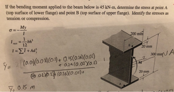 If the bending moment applied to the beam below is 45 kN-m, determine the stress at point A (top surface of lower flange) and point B (top surface of upper flange). Identify the stresses as tension or compression. 00 m 1 rect =_bh3 20 mm Y= 21 (0.0i)(0.02)(Ot) +015(0.26) Co oib (onsXo.oe) 300 m 2. 20 m 20 mm У, О.IS m