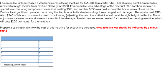 Edmonton Ice Rink purchased a Zamboni ice-resurfacing machine for $21,000, terms 2/10, n/60, FOB shipping point. Edmonton Ice