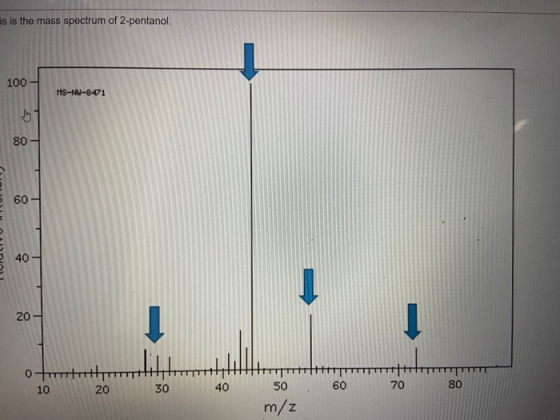 is is the mass spectrum of 2-pentanol. 100 MS-NW-8471 6 80 60 40 20 omt 10 20 30 40 60 70 80 50 m/z