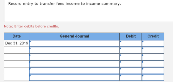 Record entry to transfer fees income to income summary. Note: Enter debits before credits. Date General Journal Debit Credit