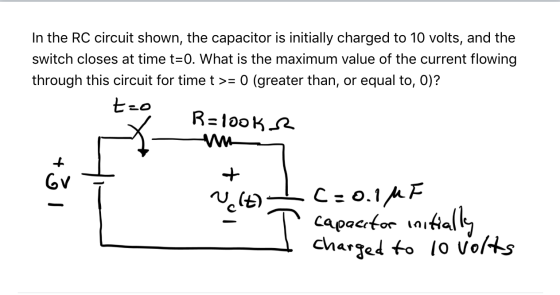 In the RC circuit shown, the capacitor is initially charged to 10 volts, and the switch closes at time t=0. What is the maxim