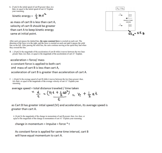 A. [3 pts] Is the initial speed of cart B greater than, less than, or equal to the înitial speed of cart A? Explain your reas