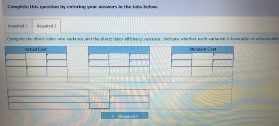 Complete this question by entering your answers in the tabs below. Required 1 Required 2 Compute the direct labor rate varian