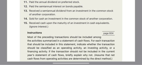 11. Paid the annual dividend on preferred stock. 12. Paid the semiannual interest on bonds payable. 13. Received a semiannual