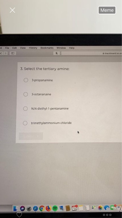 Meme File Edit View History Bookmarks Window Help 3. Select the tertiary amine: 3.propanamine O 3-octananaine O N,N-diethyl-1