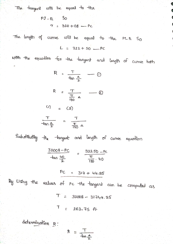 The tanbe oqual to the PJ-R So PC The length Ơ curve coil be equal L = 322 + 50 PC lg针h the equation and unqt of cwve bdh the