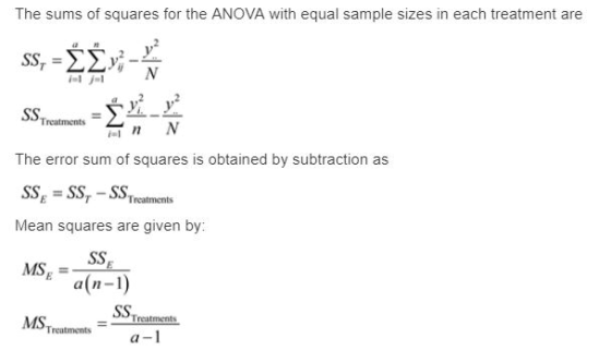 The sums of squares for the ANOVA with equal sample sizes in each treatment are ,2 у Treatments The error sum of squares is o