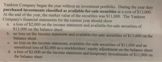 Yankton Company began the year without an investment portfolio. During the year they purchased investments classified as avai