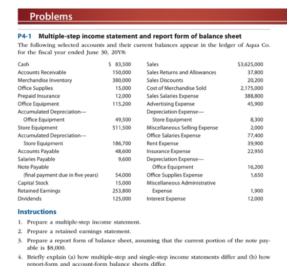 Problems P4-1 Multiple-step income statement and report form of balance sheet The following selected accounts and their curre