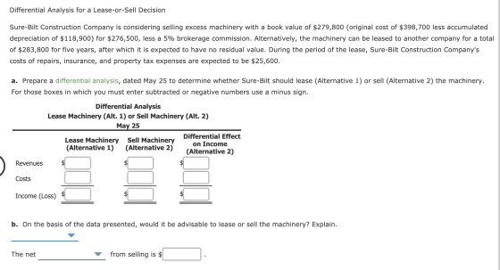 Differential Analysis for a Lease-or-Sell Decision Sure-Bilt Construction Company is considering selling excess machinery wit