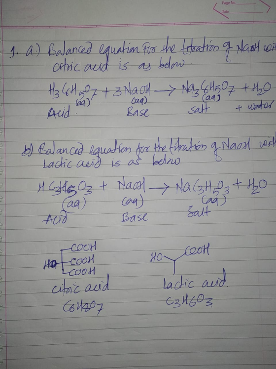 Page No Date 1. A.) Balanced equation for the titration of Naotha atic and is as below H₃ CH 07 + 3NaOH -> Naz 6H507 +40 peid
