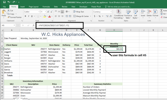 B5 20190930002154han_exp19_excel_ch02_cap_appliances - Excel (Product Activation Failed) Review View Developer Power Pivot Te